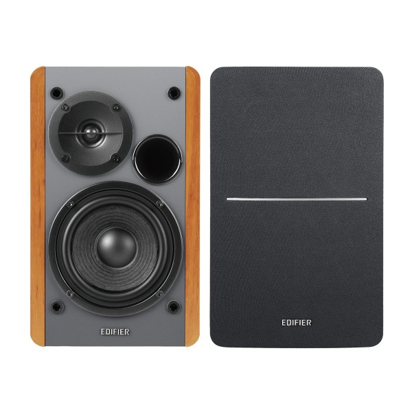 Edifier R1280TS Active 2.0 Bookshelf Speaker Set, Brown - front angles grill on and off 