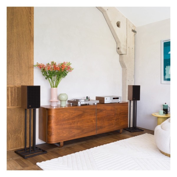 JBL L52 Classic Speakers with JS-65 Stands (Pair) - lifestyle with black grilles