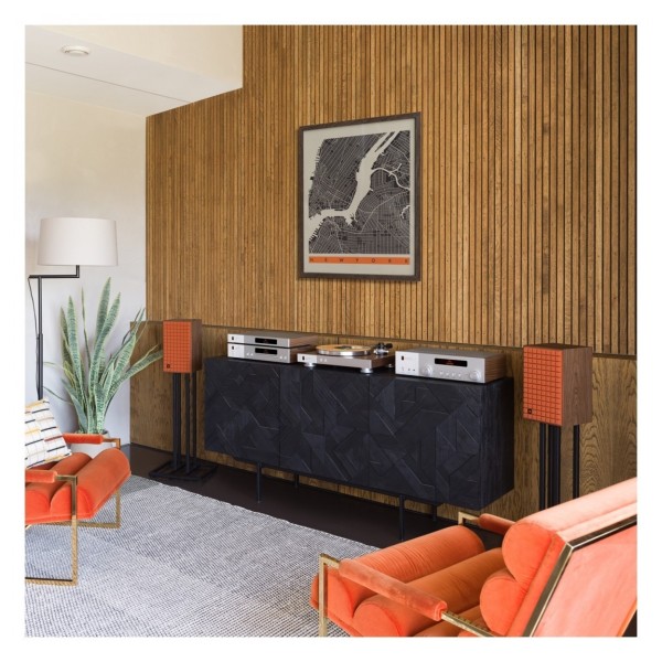 JBL L52 Classic Speakers with JS-65 Stands (Pair) - lifestyle with orange grilles