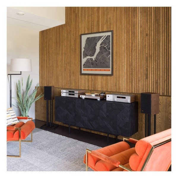JBL L52 Classic Speakers with JS-65 Stands (Pair) - lifestyle with black grilles