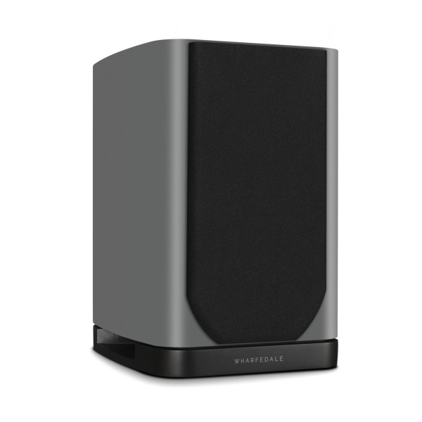 Wharfedale EVO 5.1 Bookshelf Speakers (Pair), Lunar Grey - Left side view, grille attached