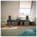KEF Q Concerto Meta Bookshelf Speakers (Pair), Walnut - Lifestyle Image, cat, loft hi-fi setup
