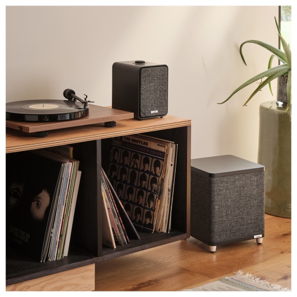 Ruark Audio MR1 MK3 Bluetooth Speaker System, Charcoal - Lifestyle Image, with RS1 Subwoofer