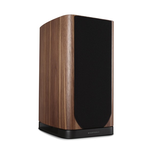 Wharfedale EVO 5.2 Standmount Speakers (Pair), Walnut - Left hand side view, grille attached