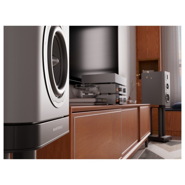 Wharfedale EVO 5.2 Standmount Speakers - Lifestyle Image, stereo syetem closeup with Quad hi-fi equipment