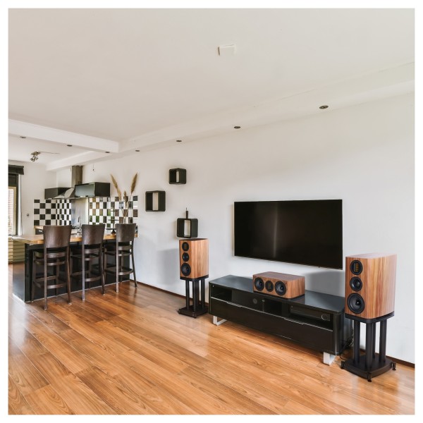 Wharfedale EVO 5.2 Standmount Speakers - Lifestyle Image, home entertainment system with EVO 5.C Centre Speaker