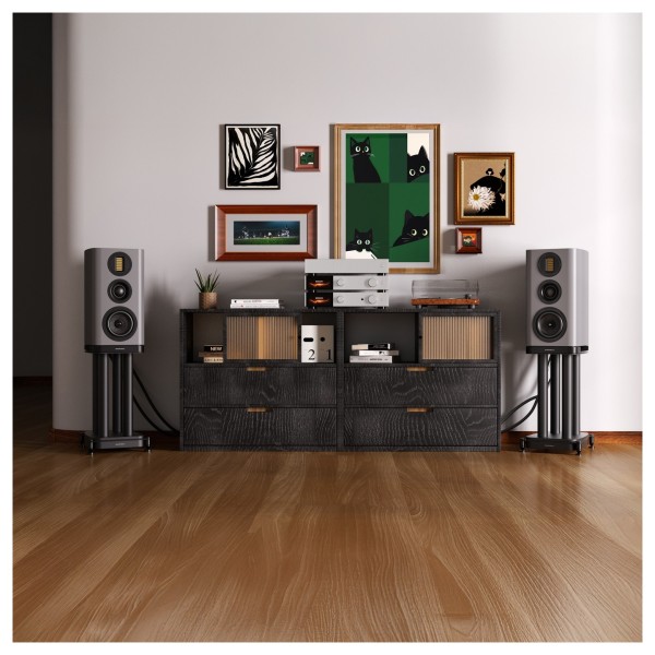 Wharfedale EVO 5.2 Standmount Speakers - Lifestyle Image, hi-fi stereo system