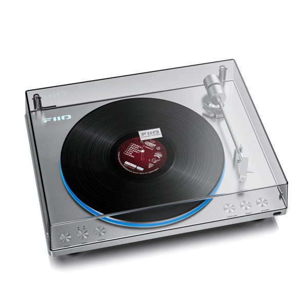 FiiO TT13 Turntable with Bluetooth, Silver - High view, dust cover fitted