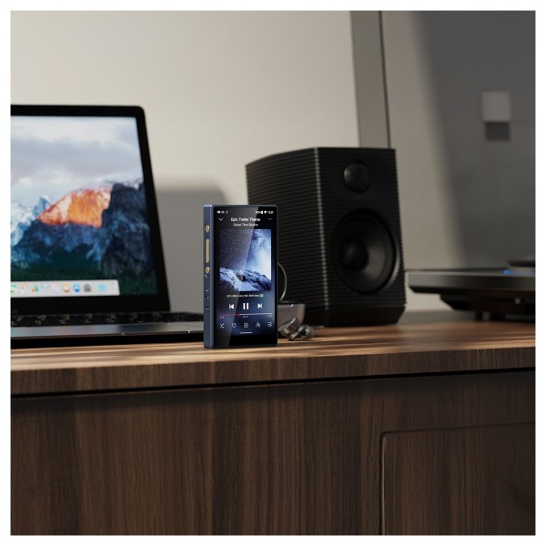 FiiO M21 Digital Audio Player, Blue - Lifestyle Image, Bluetooth connection to FiiO SP3 BT and FW3 Earbuds