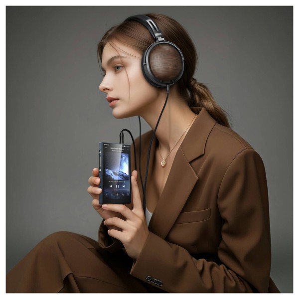 FiiO M21 Digital Audio Player, Blue - Lifestyle Image, modelled with FiiO FT1 Headphones