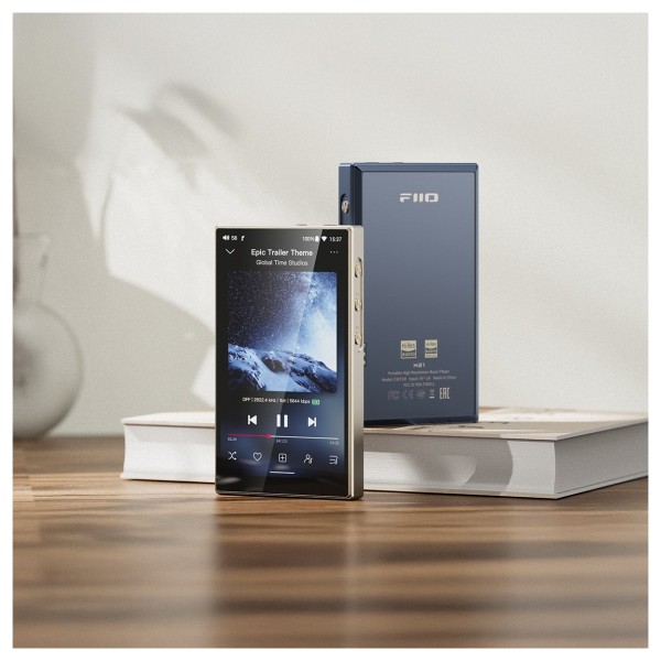 FiiO M21 Digital Audio Player, Titanium - Lifestyle Image, front and back