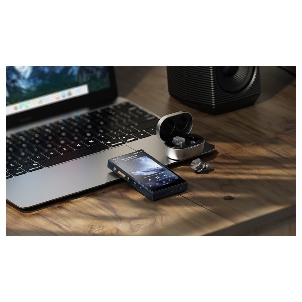 FiiO M21 Digital Audio Player, Blue - Lifestyle Image with FiiO SP3 BT Speakers and FW3 Earbuds