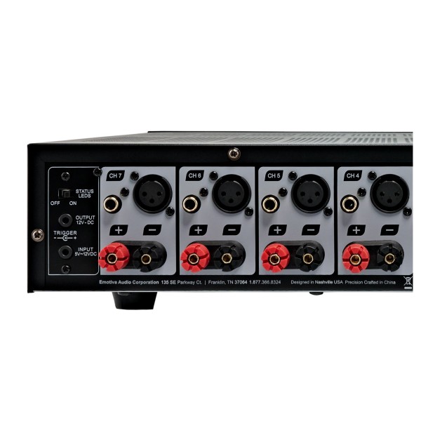 Emotiva BasX A7+ Power Amplifier, Black - Detail image, left side rear, trigger switch, inputs and speaker terminals