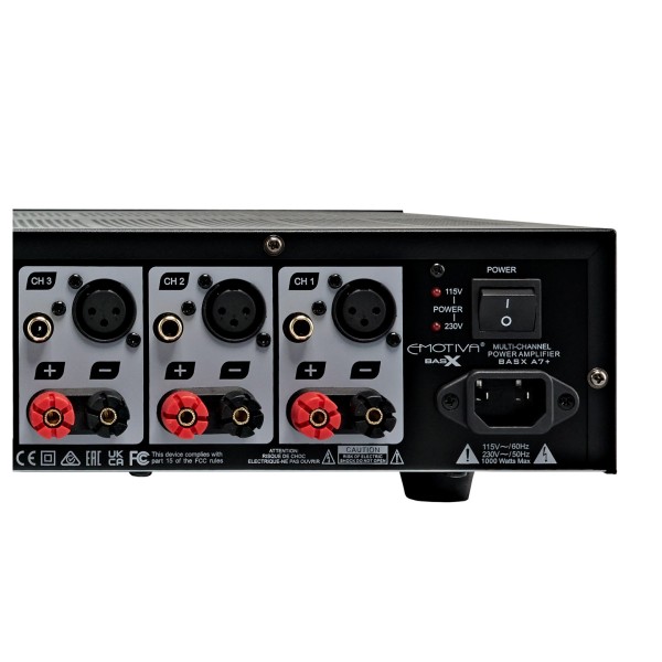 Emotiva BasX A7+ Power Amplifier, Black - Detail image, rear view, inputs and speaker terminal, and power