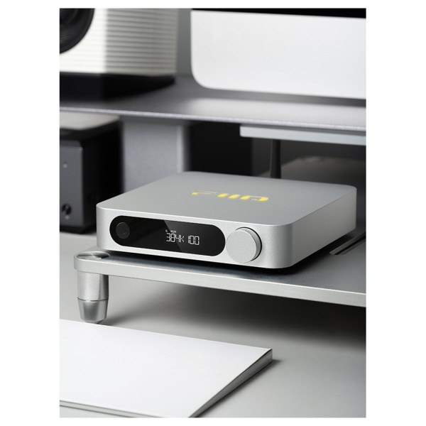 FiiO SR11 Desktop Streaming Music Receiver, Silver - Lifestyle image, desktop setup