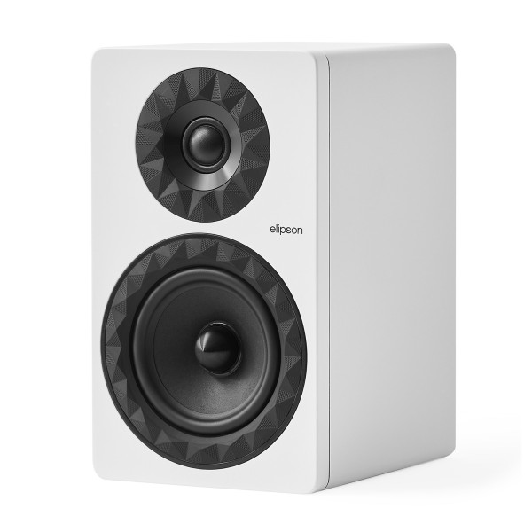 Elipson Prestige Facet II 6B Bookshelf Speakers (Pair), White Matt - Angled view, no grille