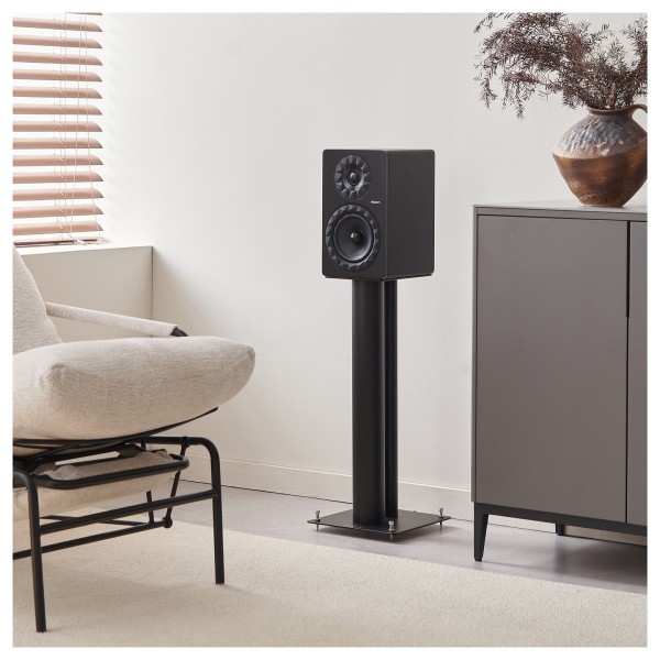 Elipson Prestige Facet II 6B Bookshelf Speakers (Pair), Black Matt - Lifestyle image, on speaker stand
