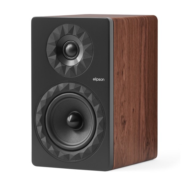 Elipson Prestige Facet II 6B Bookshelf Speakers (Pair), Black Matt / Walnut - Angled view, no grille