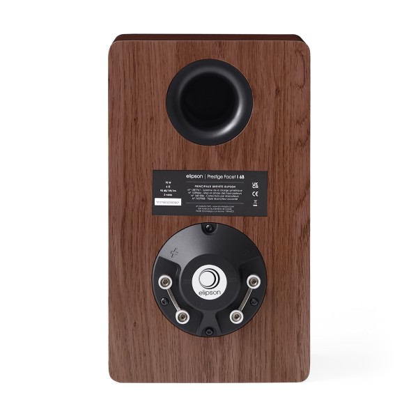 Elipson Prestige Facet II 6B Bookshelf Speakers (Pair), Black Matt / Walnut - Rear view and cable terminals