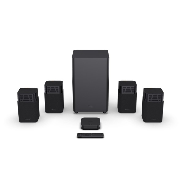 Hisense HT Saturn 4.1.2 Wireless Sound System with Free Party Rocket 160 Bluetooth Loudspeaker - main speaker package shot 