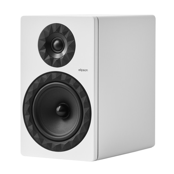 Elipson Prestige Facet II 8B Bookshelf Speakers (Pair), White Matt - Angled view, no grille