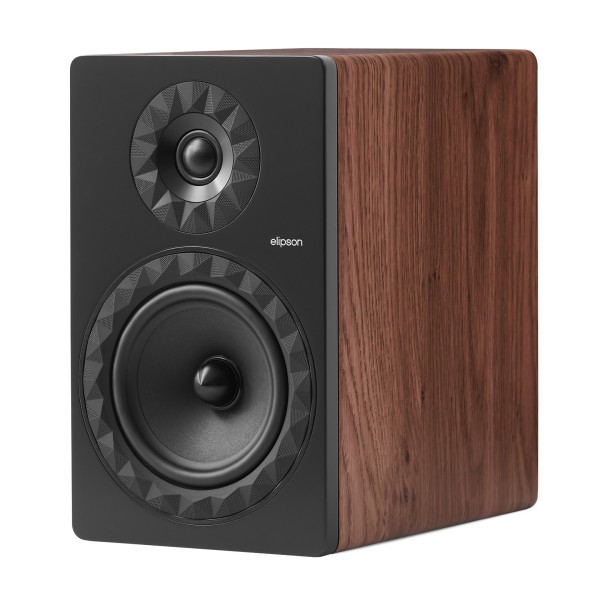 Elipson Prestige Facet II 8B Bookshelf Speakers (Pair), Black Matt / Walnut - Angled view, no grille