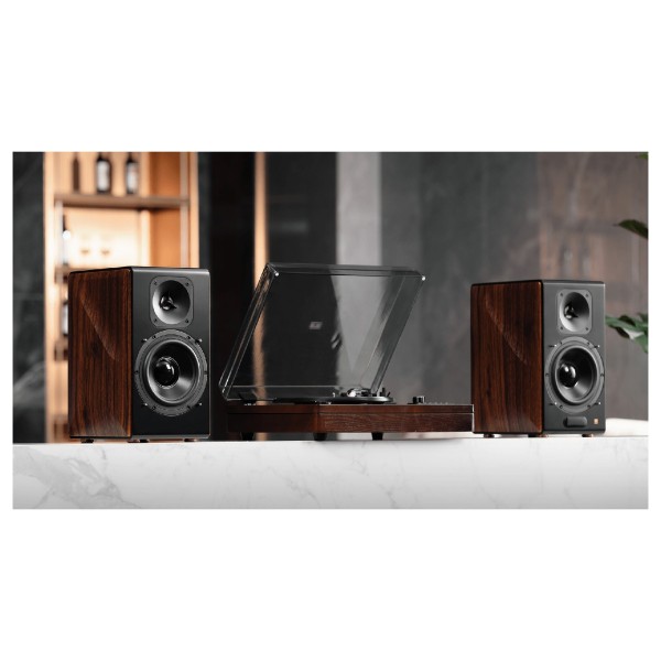 Edifier S3000MKII 2.0 Hi-Res Wireless Bluetooth Bookshelf Speaker Set, Brown - Lifestyle image, Turntable setup