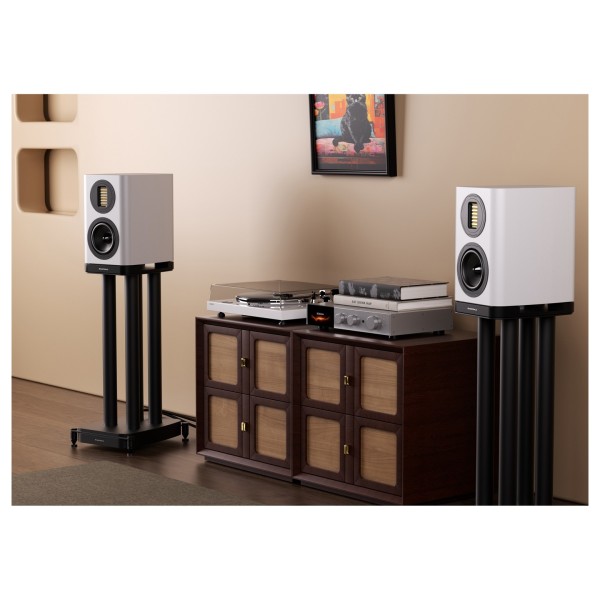 Wharfedale EVO 5.1 Bookshelf Speakers (Pair), White - Lifestyle Image, hi-fi vinyl stereo system