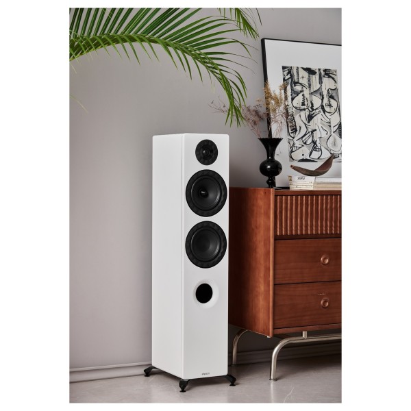 Elipson Prestige Facet II 14F Floorstanding Speaker, White Matt - Lifestyle image, living room, angled, no grille