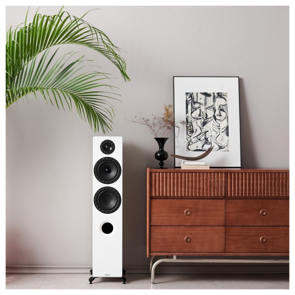 Elipson Prestige Facet II 14F Floorstanding Speaker, White Matt - Lifestyle image, living room, front view, no grille