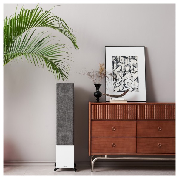 Elipson Prestige Facet II 14F Floorstanding Speaker, White Matt - Lifestyle image, living room, front view, grille attached