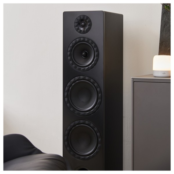 Elipson Prestige Facet II 24F Floorstanding Speakers (Pair), Black Matt - Lifestyle image, up-close, no grille, living room