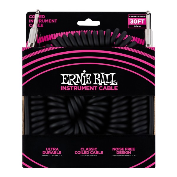 Ernie Ball 30ft Straight-Straight Coiled Instrument Cable, Black - Main