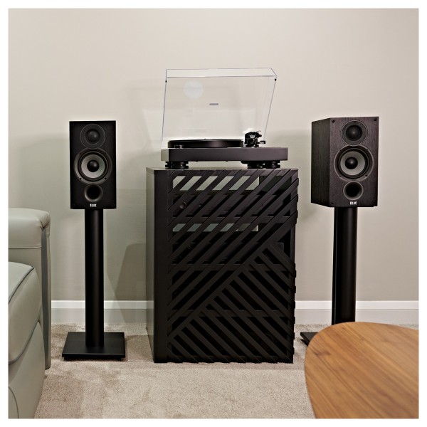 AVCOM 600mm Speaker Stands, Black (Pair) - Lifestyle image, with ELAC Debut 2.0 B5.2 Bookshelf Speaker