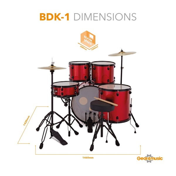 BDK-1 Full Size Starter Drum Kit by Gear4music, Red