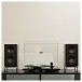 ELAC Designer Series Debut ConneX Adsum Active Bookshelf Speakers (Pair), Black - Lifestyle image, set up with turntable
