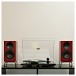 ELAC Designer Series Debut ConneX Adsum Active Bookshelf Speakers (Pair), Burgundy - Lifestyle image,  set up with turntable