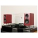 ELAC Designer Series Debut ConneX Adsum Active Bookshelf Speakers (Pair), Red - Lifestyle image, compact hi-fi vinyl system, ang