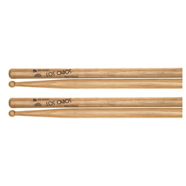 Los Cabos 8A Red Hickory Wood Tip Drumsticks, 2 Pair Pack