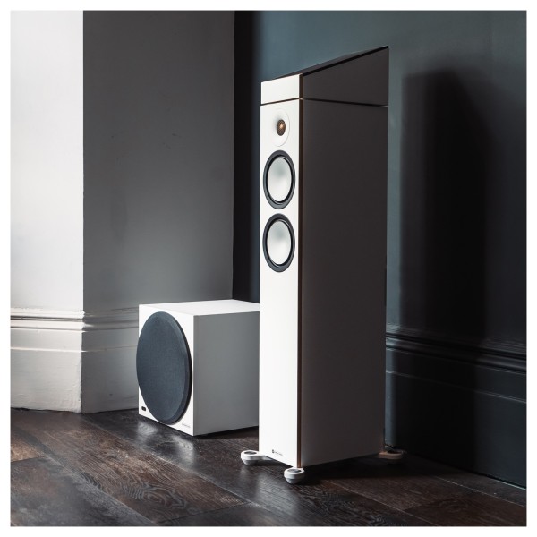 Monitor Audio Bronze 7G AMS Atmos Speakers (Pair), White - Lifestyle image, w/ Bronze 300 and subwoofer