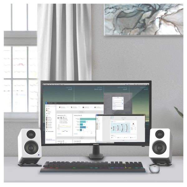 Kanto YU2 Powered Desktop Speakers with S2 Tilted Speaker Stands, White - Lifestyle 2