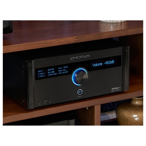 Emotiva RMC1+ 16 Channel AV Processor, Black - Lifestyle image, in media cabinet