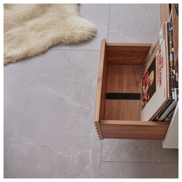 Norstone Oslo Vinyl 800 Cabinet, Black Satin / Walnut - drawer side angle 