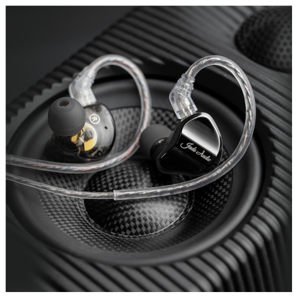 FiiO JD1 In-Ear Earphones, Black - Lifestyle image, on FiiO SP3 Active Speaker