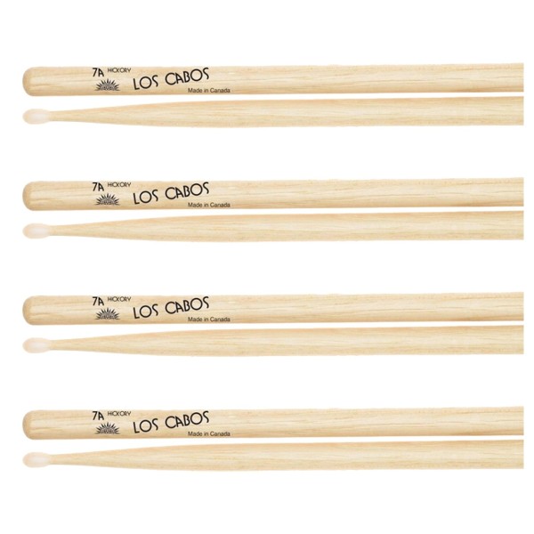 Los Cabos 7A Hickory NylonTip Drumsticks, 4 Pair Pack