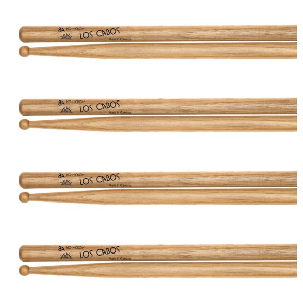 Los Cabos 8A Red Hockory Wood Tip Drumsticks, 4 Pair Pack