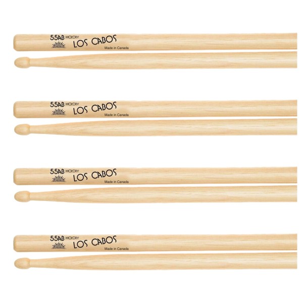 Los Cabos 55AB Hickory Wood Tip Drumsticks, 4 Pair Pack