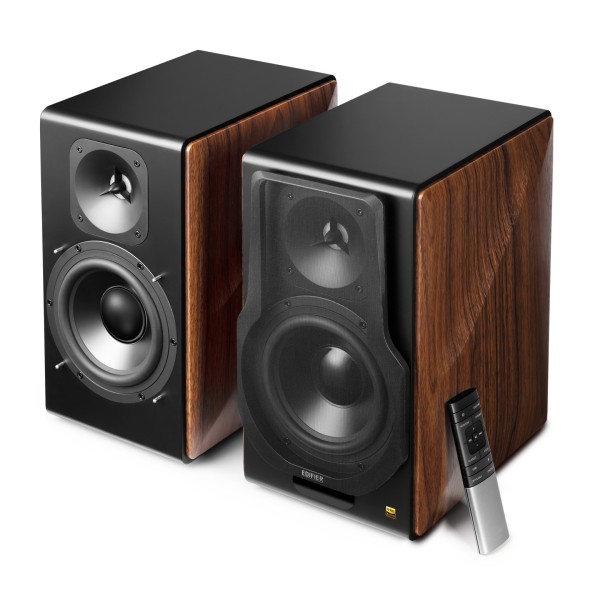 Edifier S3000MKII 2.0 Hi-Res Wireless Bluetooth Bookshelf Speaker Set, Brown - High angle, tilted