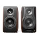 Edifier S3000MKII 2.0 Hi-Res Wireless Bluetooth Bookshelf Speaker Set, Brown - Front view, one with grille, one without