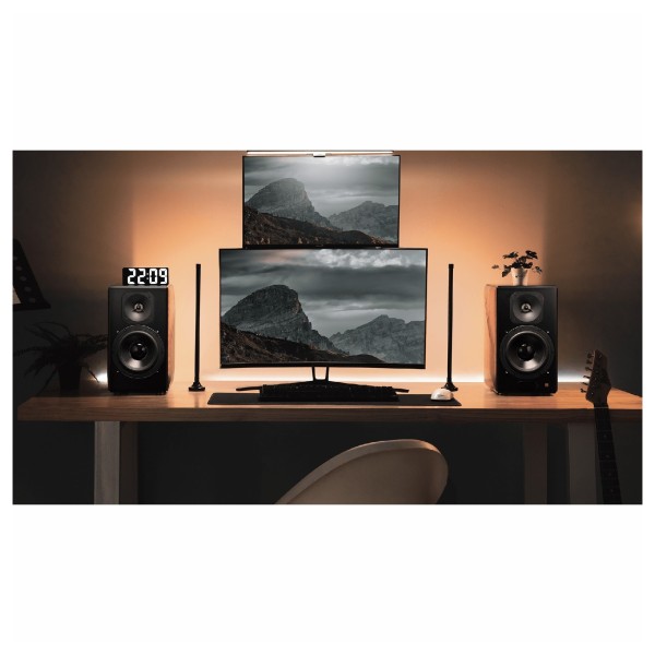 Edifier S3000MKII 2.0 Hi-Res Wireless Bluetooth Bookshelf Speaker Set, Brown - Lifestyle Image, desktop PC setup